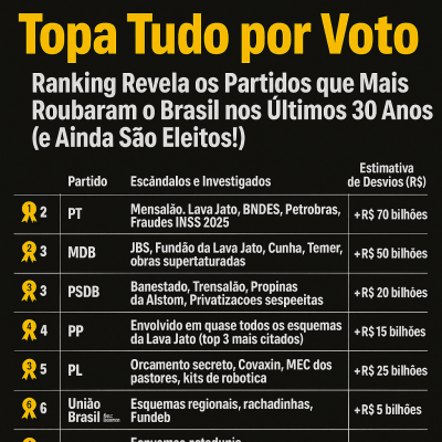 “Topa Tudo por Voto”: Ranking Revela os Partidos que Mais Roubaram o Brasil nos Últimos 30 Anos (e Ainda São Eleitos!)